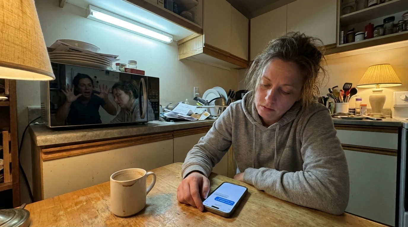 A woman looks exhausted at a kitchen table while a person in the background makes a dramatic, accusatory gesture.
