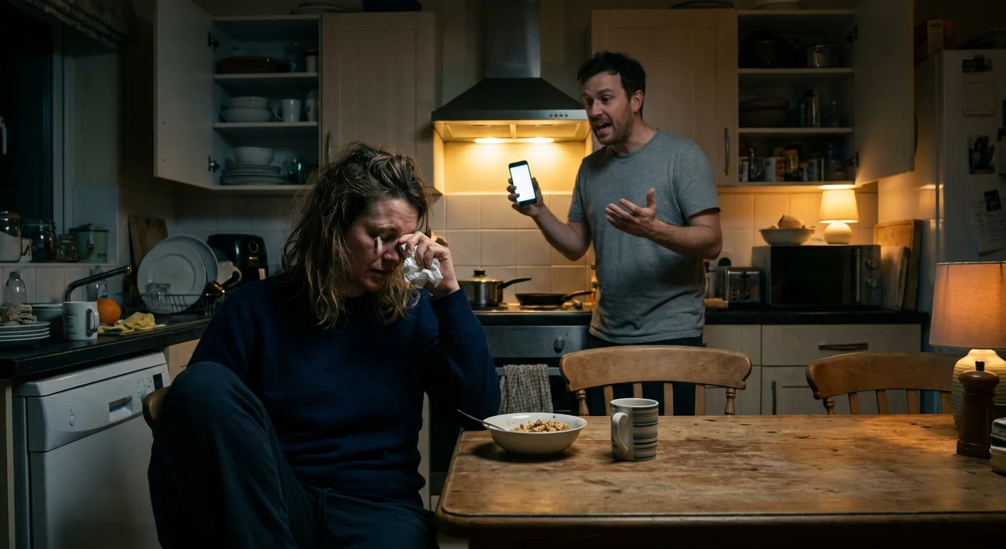 A woman looks sad at a kitchen table while her partner stands nearby, distracted by his phone and talking over her.