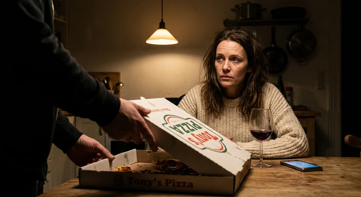 A woman looks seriously at her partner in a kitchen at night while the partner ignores her to open a pizza box.