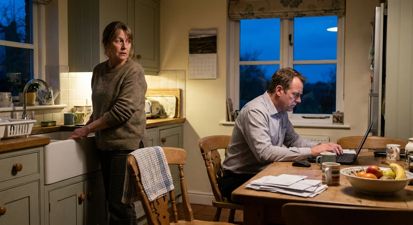 A woman looks with concern at her retired husband who is still acting as if he is at a high-pressure job at the kitchen table.