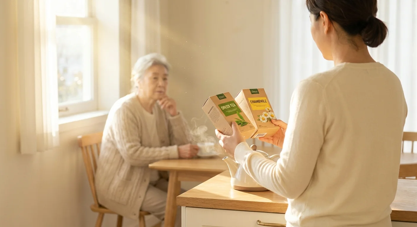 A woman offers two types of tea to her elderly mother, illustrating the concept of providing choices to restore autonomy.