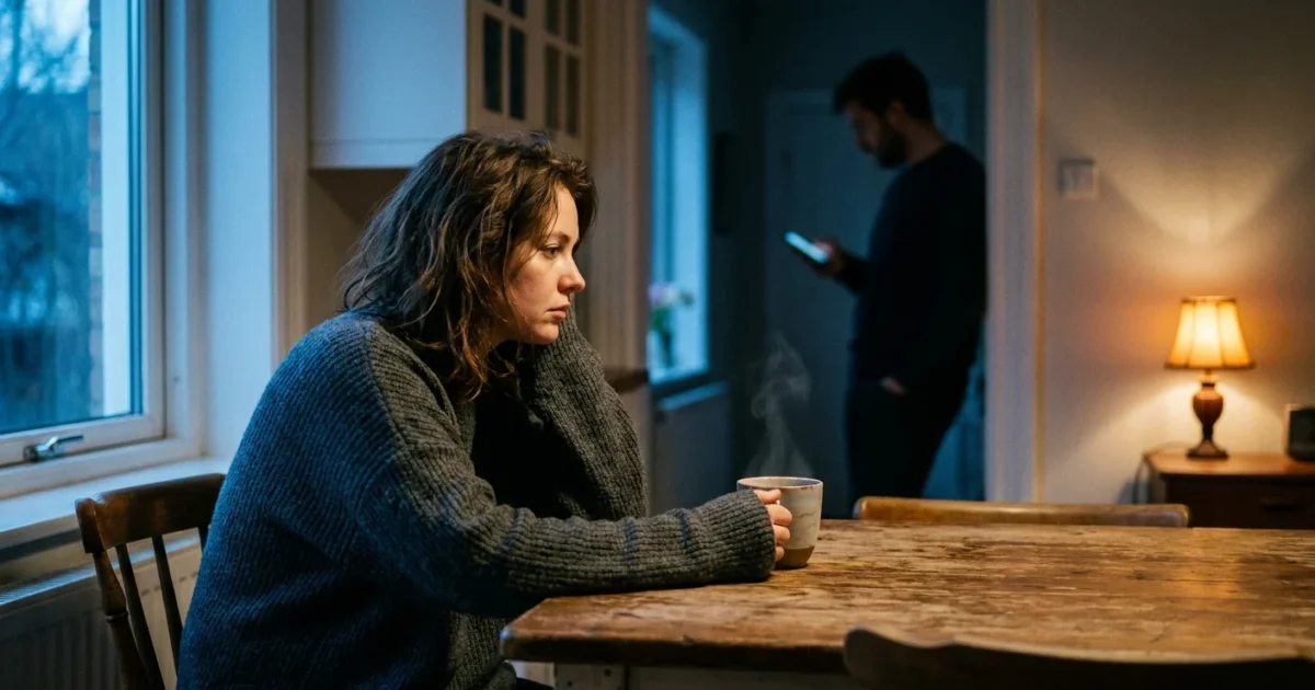 A woman sits alone at a kitchen table in dim evening light while her partner stands in the background, illustrating emotional distance.