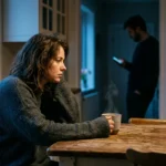 A woman sits alone at a kitchen table in dim evening light while her partner stands in the background, illustrating emotional distance.