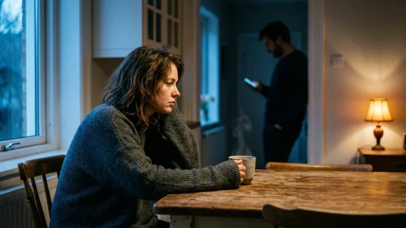 A woman sits alone at a kitchen table in dim evening light while her partner stands in the background, illustrating emotional distance.