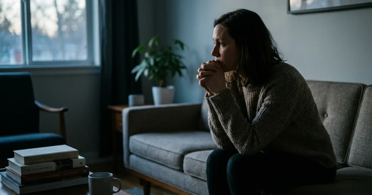 A woman sits alone on a sofa in a dimly lit room, looking thoughtfully toward a window, evoking emotional exhaustion.