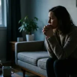 A woman sits alone on a sofa in a dimly lit room, looking thoughtfully toward a window, evoking emotional exhaustion.
