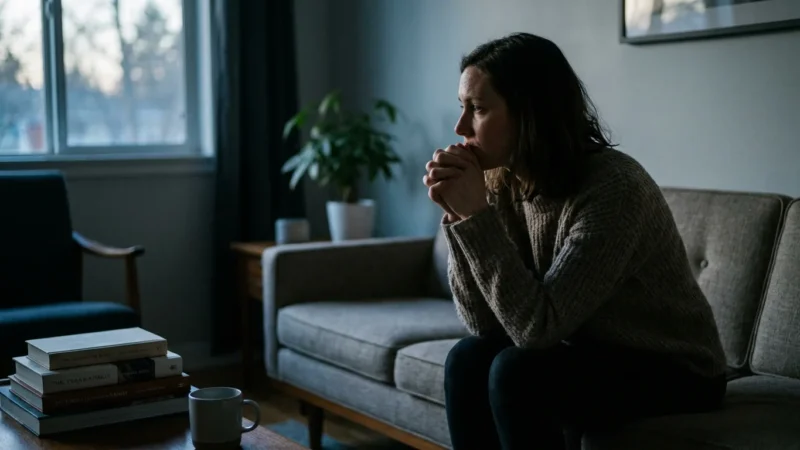 A woman sits alone on a sofa in a dimly lit room, looking thoughtfully toward a window, evoking emotional exhaustion.