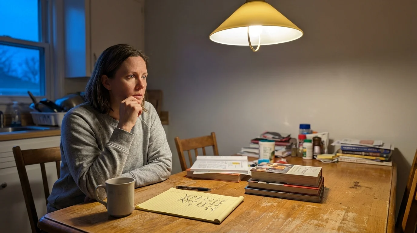 A woman sits at a kitchen table, staring into space with a focused, anxious expression while holding a pen.
