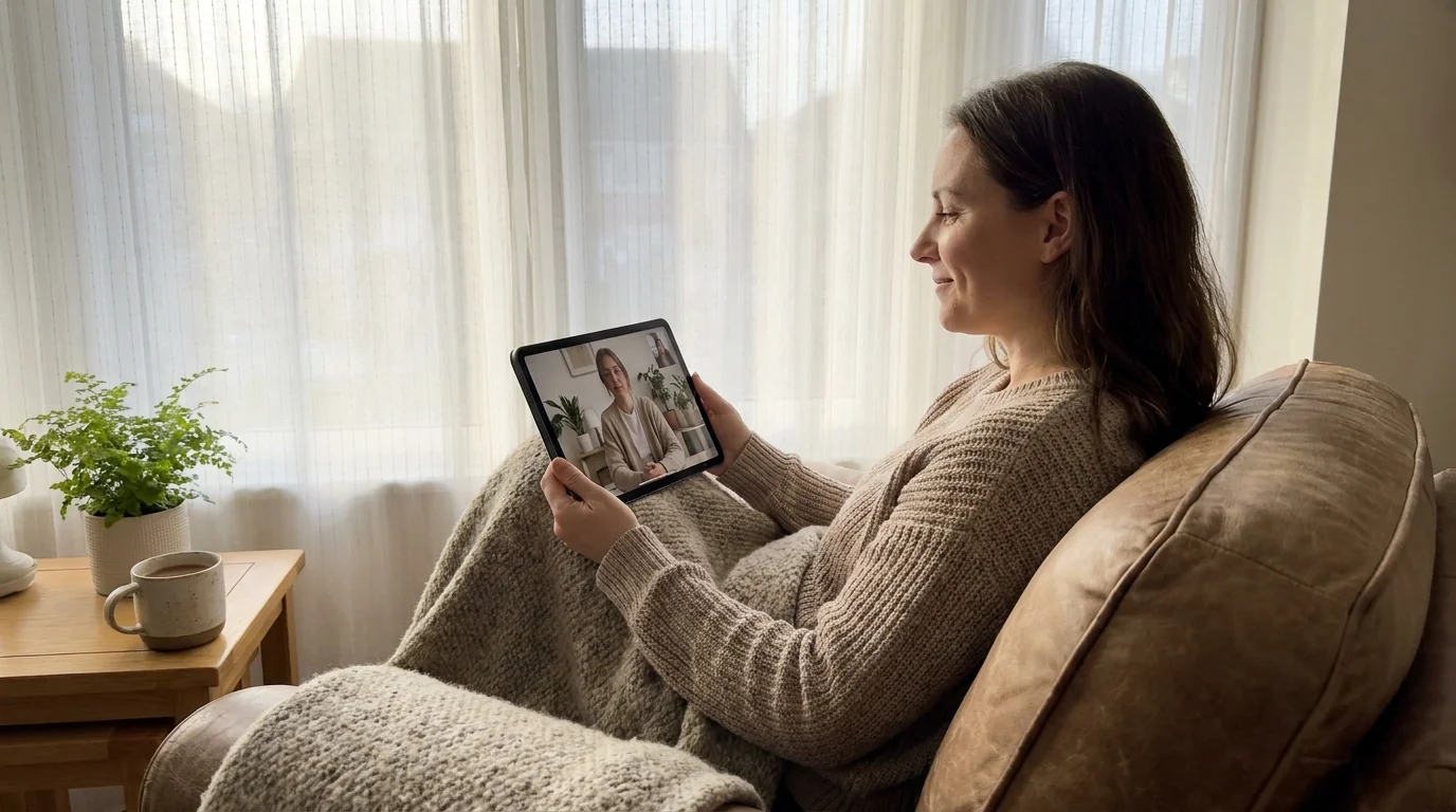 A woman sits in a peaceful living room having a therapy session on her tablet.
