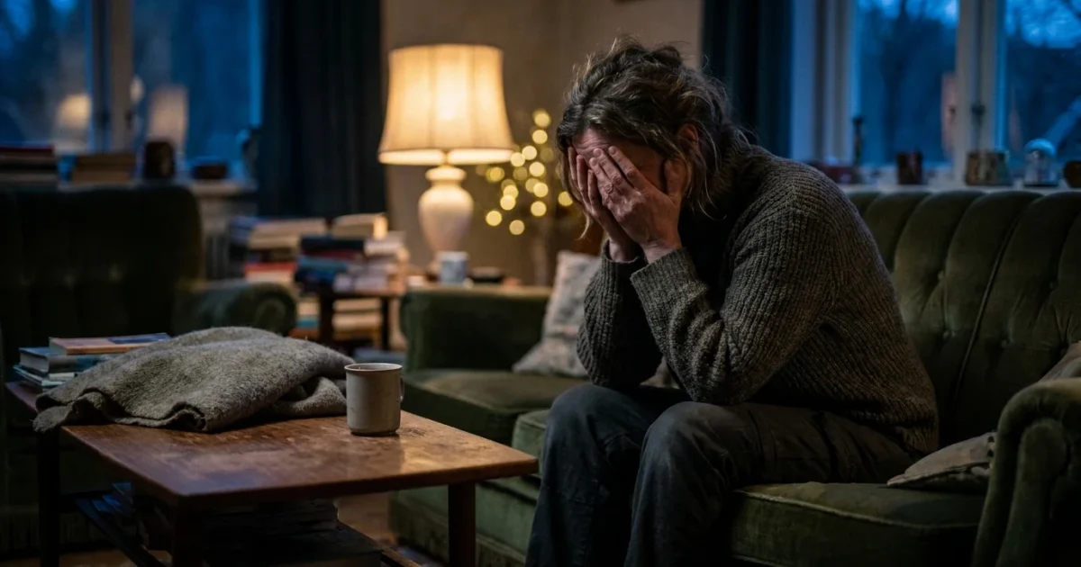 A woman sits on a sofa with her head in her hands in a dimly lit room, appearing exhausted and emotionally depleted.