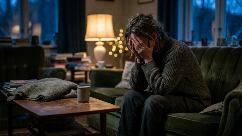 A woman sits on a sofa with her head in her hands in a dimly lit room, appearing exhausted and emotionally depleted.