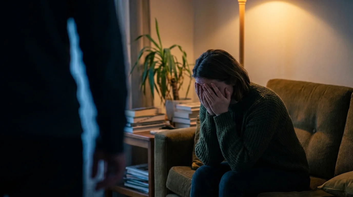 A woman sits on a sofa with her head in her hands while a shadowy figure stands over her, representing emotional invalidation.