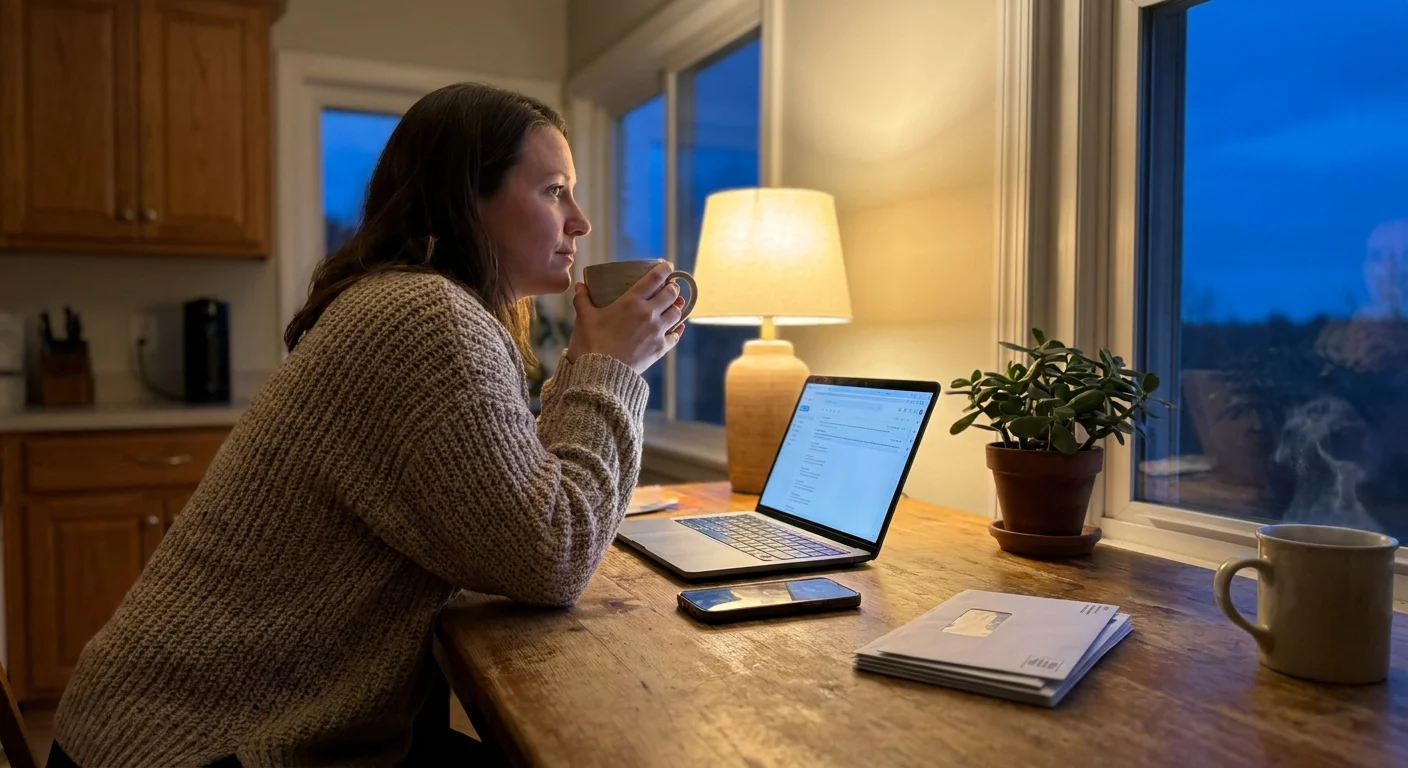 A woman sitting at a kitchen table with her phone face down, looking thoughtfully out the window.
