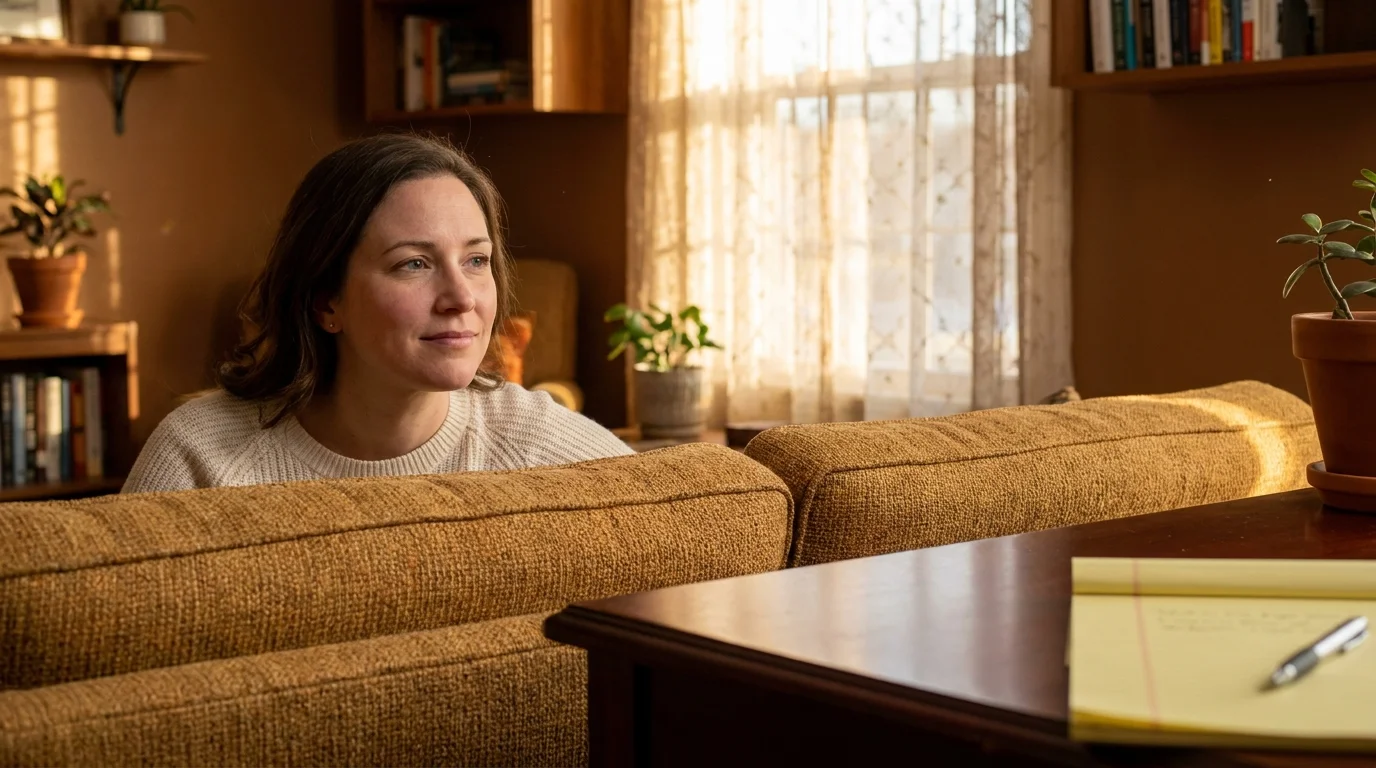 A woman sitting in a sunlit room, looking relieved during a therapy session.
