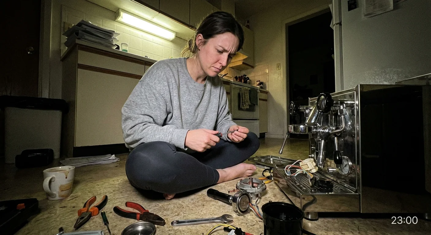 A woman sitting on her kitchen floor late at night trying to fix a complex appliance by herself, showing hyper-independence.