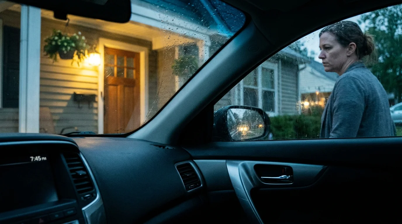 A woman's smile instantly dropping as she walks away from a house towards a car, showing a sudden persona shift.