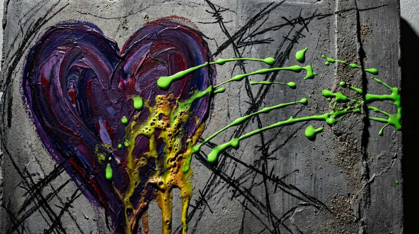 Abstract art showing neon green acid droplets corroding a purple heart on a gray background.