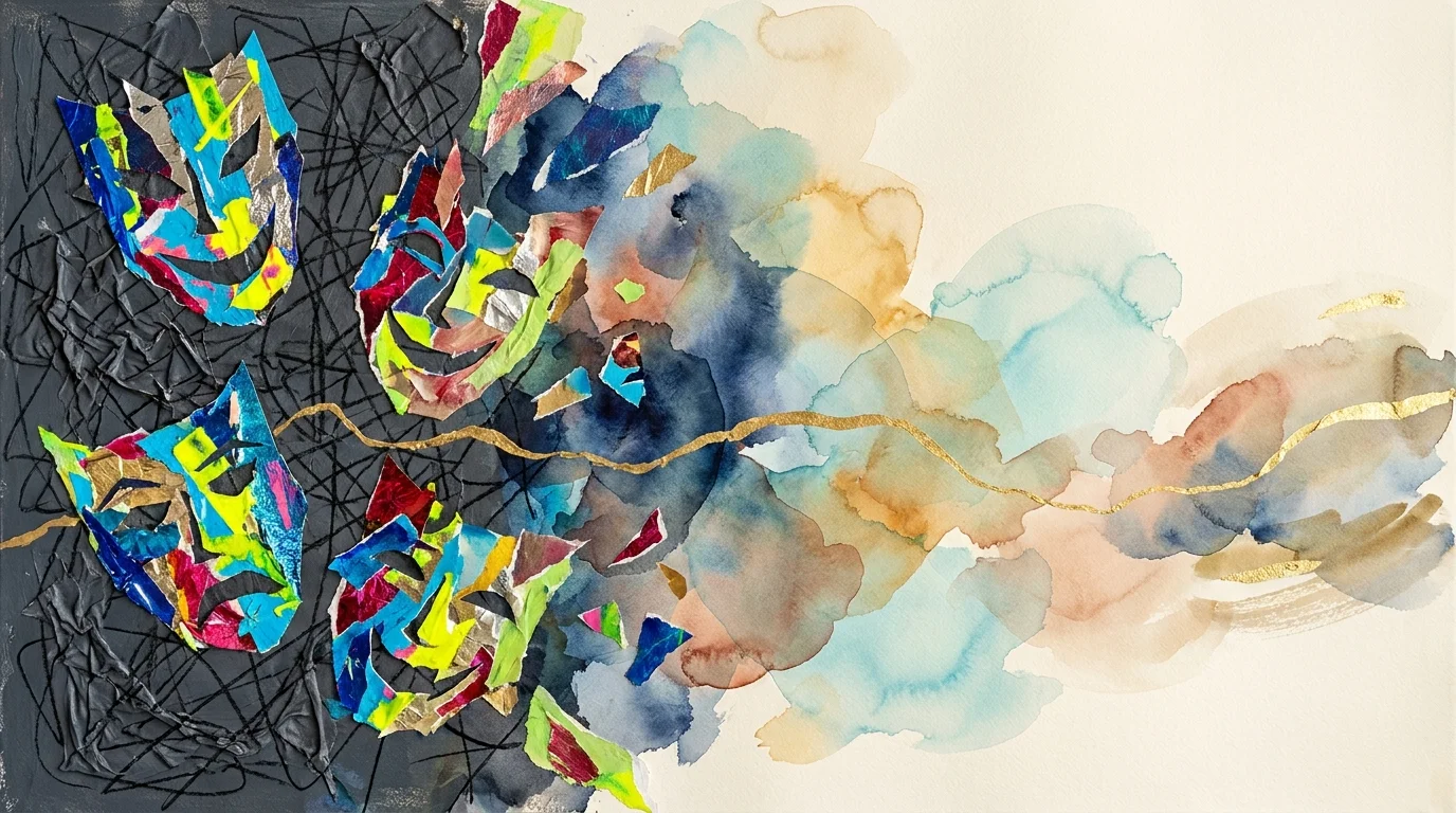 Abstract art transitioning from sharp, jagged shapes on the left to soft, translucent watercolor washes on the right.