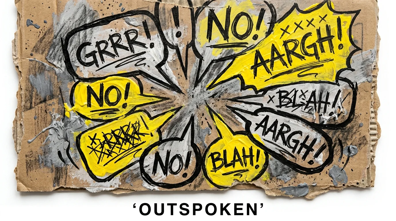 Abstract art with jagged yellow and black speech bubbles exploding from a center point, representing impulsive speech.