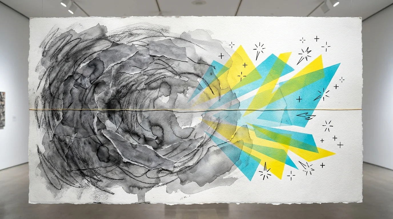 Abstract mixed media art showing a transition from dark, hazy textures to bright, sharp geometric shapes representing mental clarity.