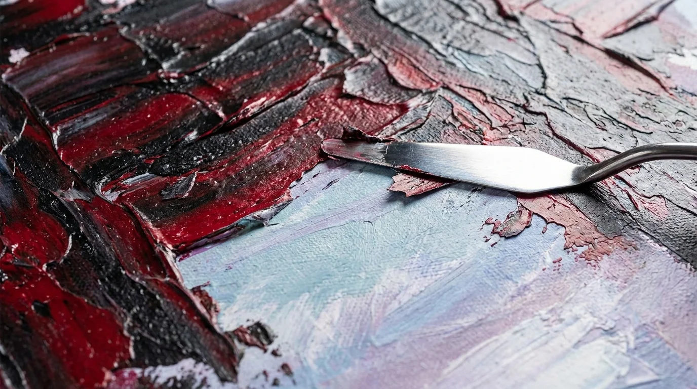 Aggressive red paint being scraped away to reveal soft blue paint underneath, symbolizing resentment masking grief.