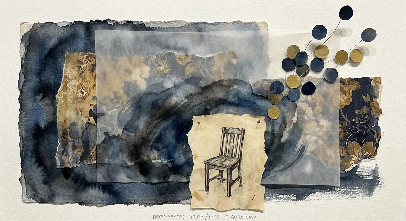 An abstract collage of blue watercolor and torn paper representing the emotional weight of grief and isolation.