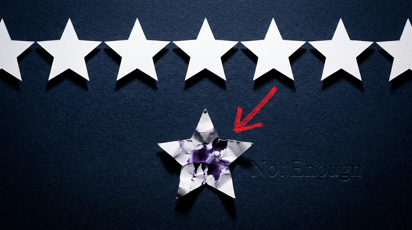 An abstract collage showing a row of perfect white stars and one torn, ink-stained star with a red arrow pointing down at it.