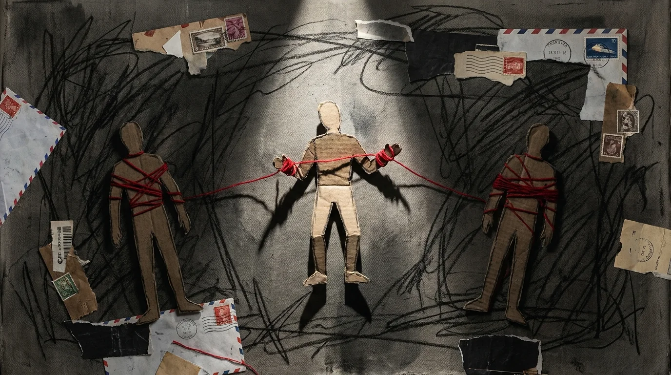 An abstract collage showing three figures connected by red threads, representing a third person being pulled into a conflict.