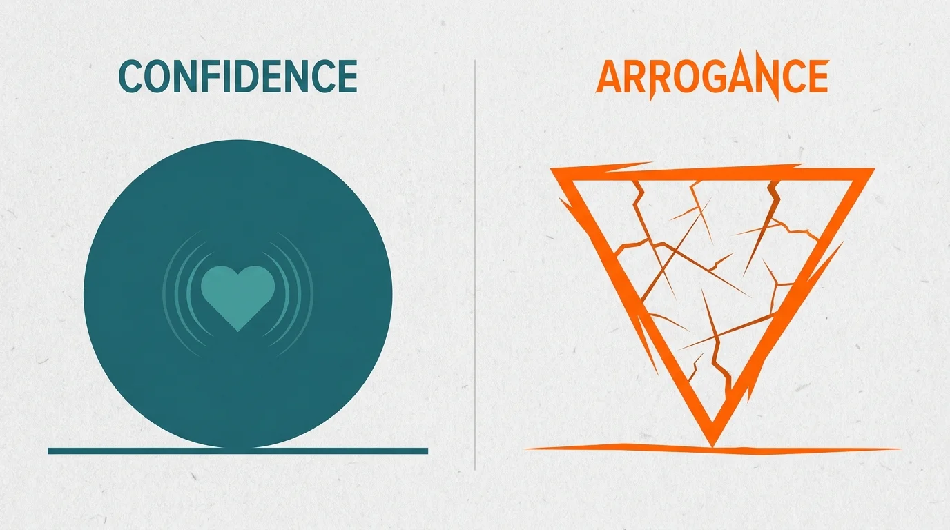 An abstract comparison showing a stable teal circle for 'Confidence' and a cracked, hollow orange triangle for 'Arrogance'.