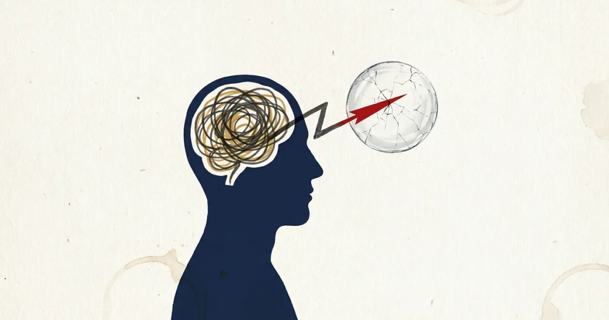 An abstract editorial illustration of a silhouette with a tangled nest of lines inside its head, symbolizing mental confusion.