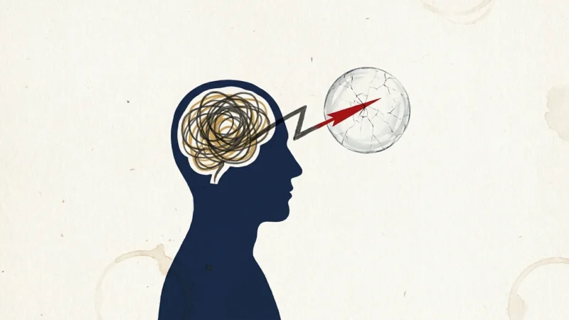 An abstract editorial illustration of a silhouette with a tangled nest of lines inside its head, symbolizing mental confusion.