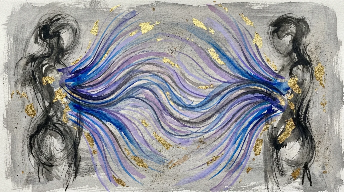 An abstract illustration of two figures connected by harmonizing blue and violet energy waves.