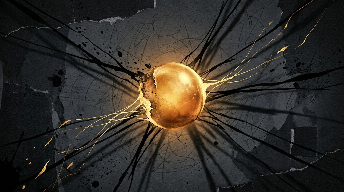 An abstract image of a glowing gold sphere being pulled apart by dark, jagged lines on a textured charcoal background.