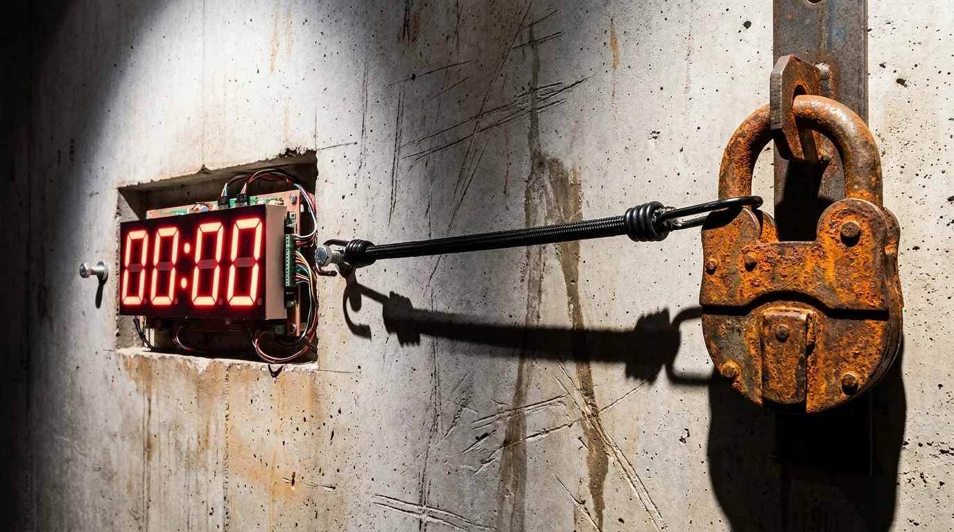 An abstract image of a rusted padlock and a digital clock showing 00:00, connected by a high-tension black cord.