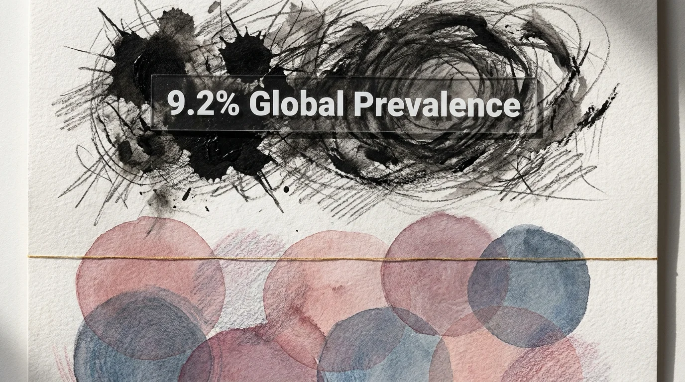 An abstract image with jagged dark lines and soft circles, featuring the text '9.2% Global Prevalence' to represent emotional chaos.
