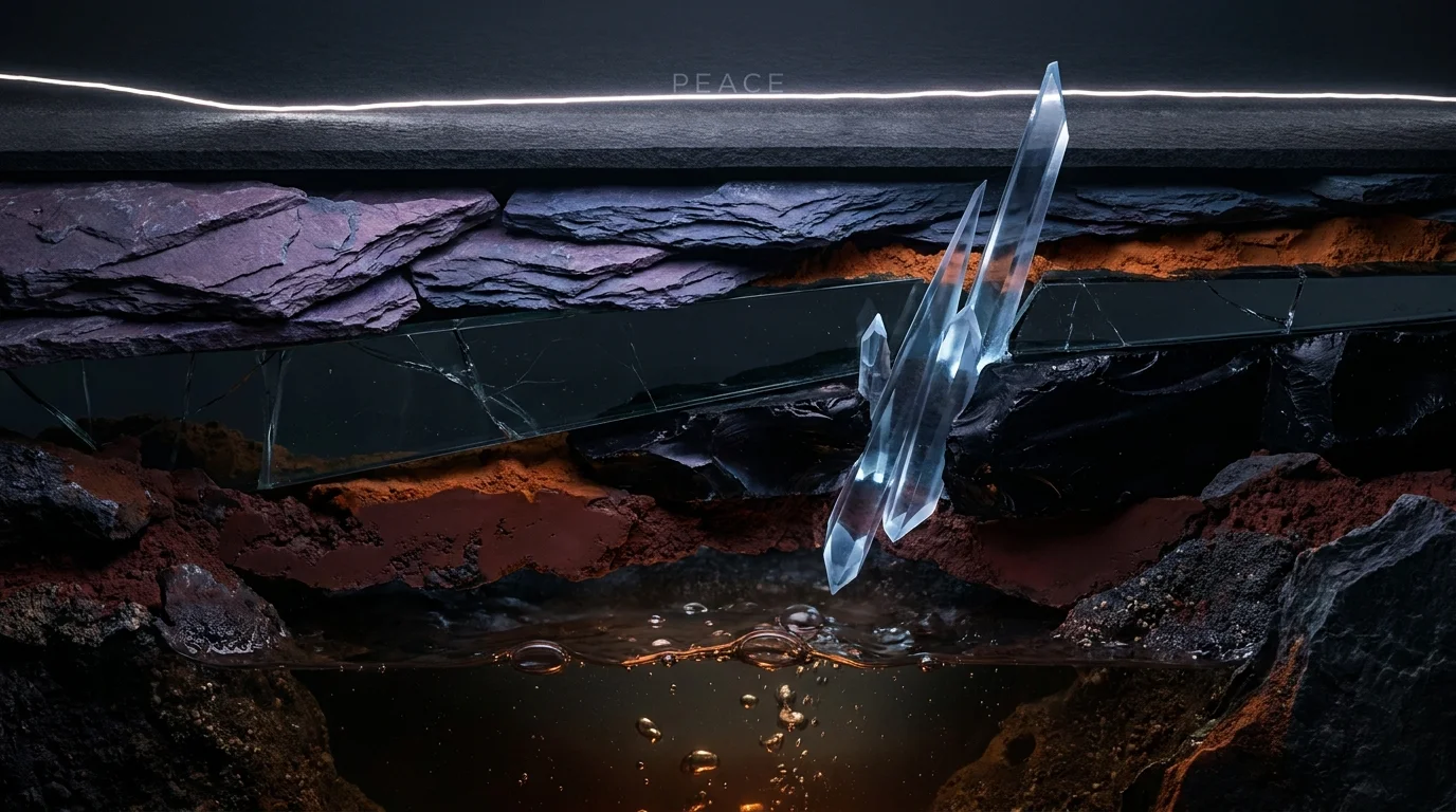 An abstract layered composition showing dark, turbulent colors buried beneath a thin, bright surface, representing suppressed anger.