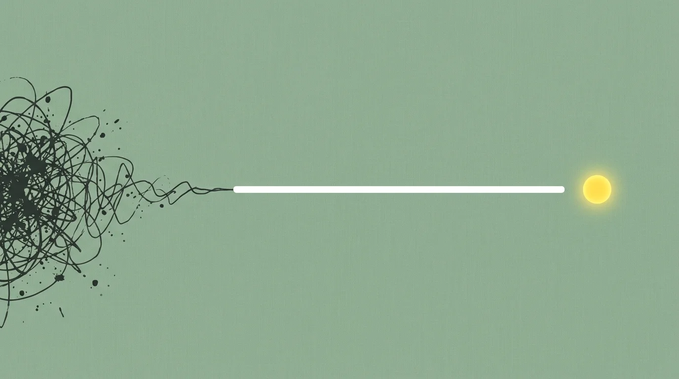 An abstract minimalist path where a tangled knot of lines turns into a single straight white line leading to a yellow circle.