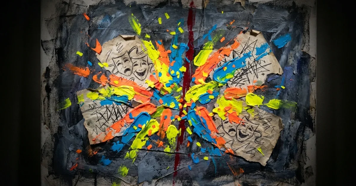 An abstract mixed-media piece showing bright yellow and orange splashes like a laugh, covering a dark, dense gray background.