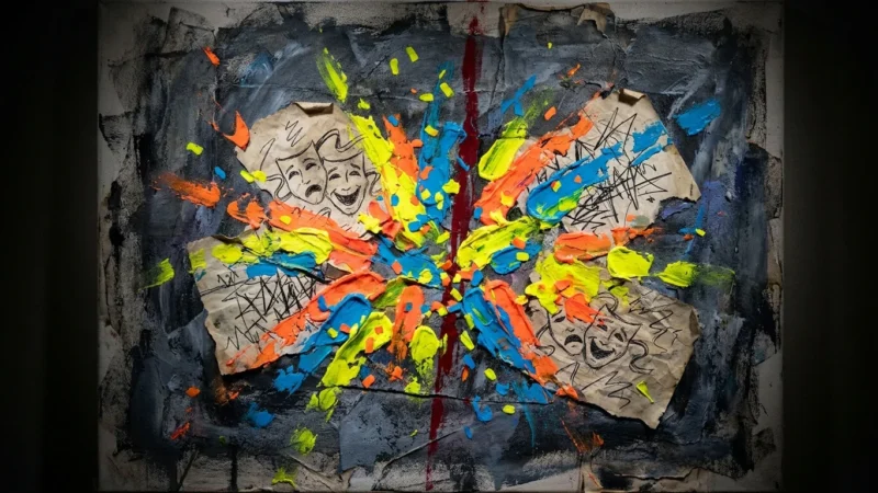 An abstract mixed-media piece showing bright yellow and orange splashes like a laugh, covering a dark, dense gray background.