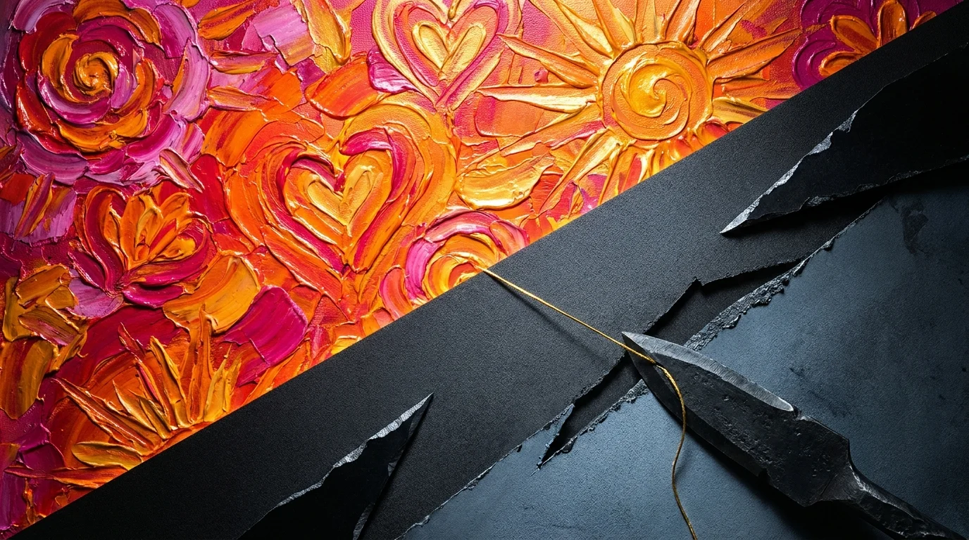 An abstract split-screen image showing bright, warm colors clashing against cold, dark geometric shards.