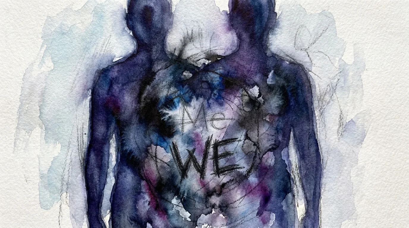 An abstract watercolor painting where two indigo silhouettes merge into a single, blurred shape in the center.