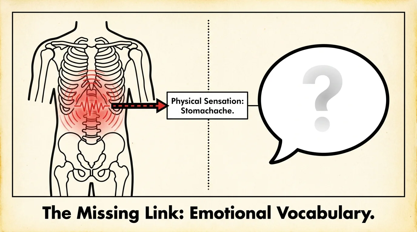 An anatomical diagram showing physical sensations in the body paired with an empty speech bubble representing the inability to name feelings