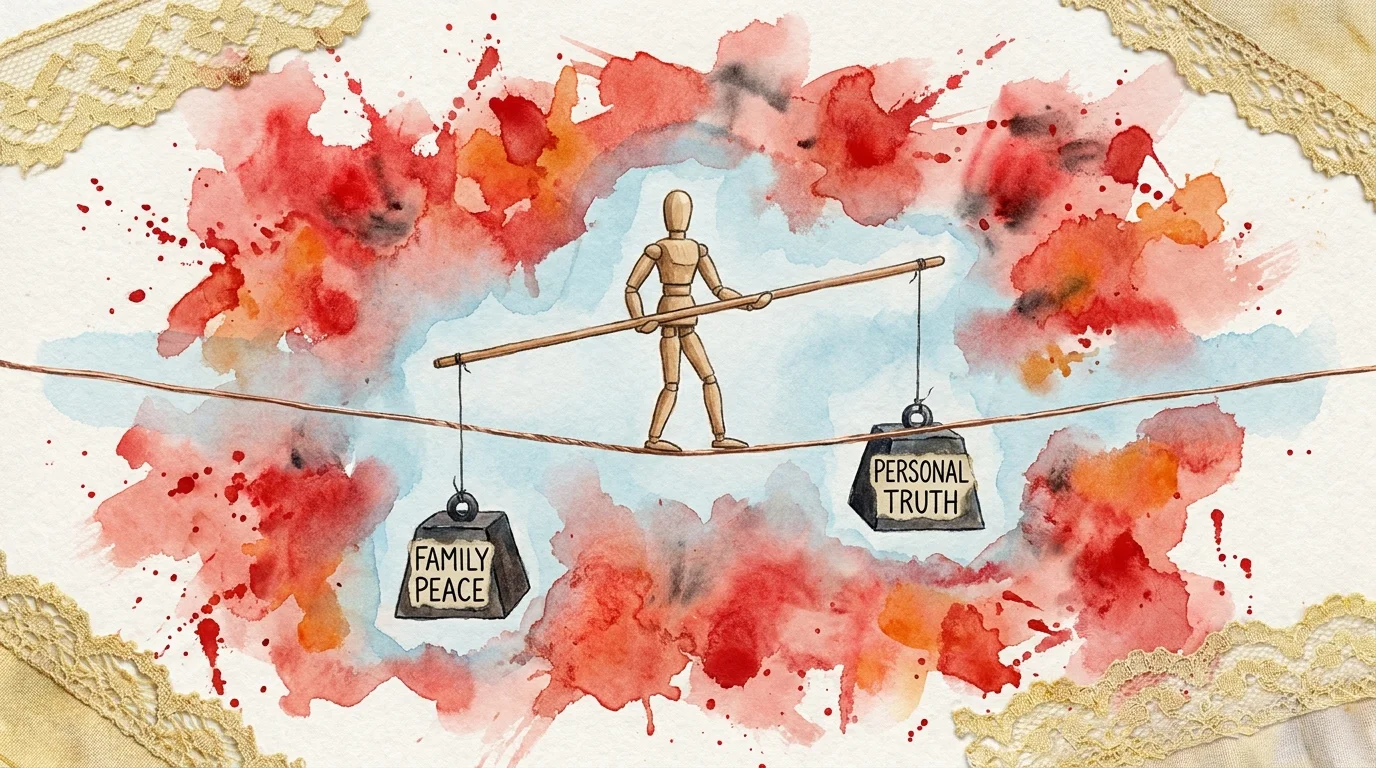 An artist's mannequin balances on a wire between 'Family Peace' and 'Personal Truth' weights.
