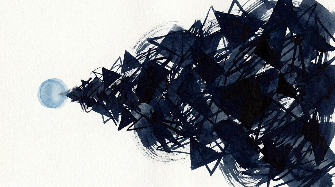 An editorial illustration of a large, dark mass of ink scribbles overwhelming a tiny, pale blue circle in the corner.