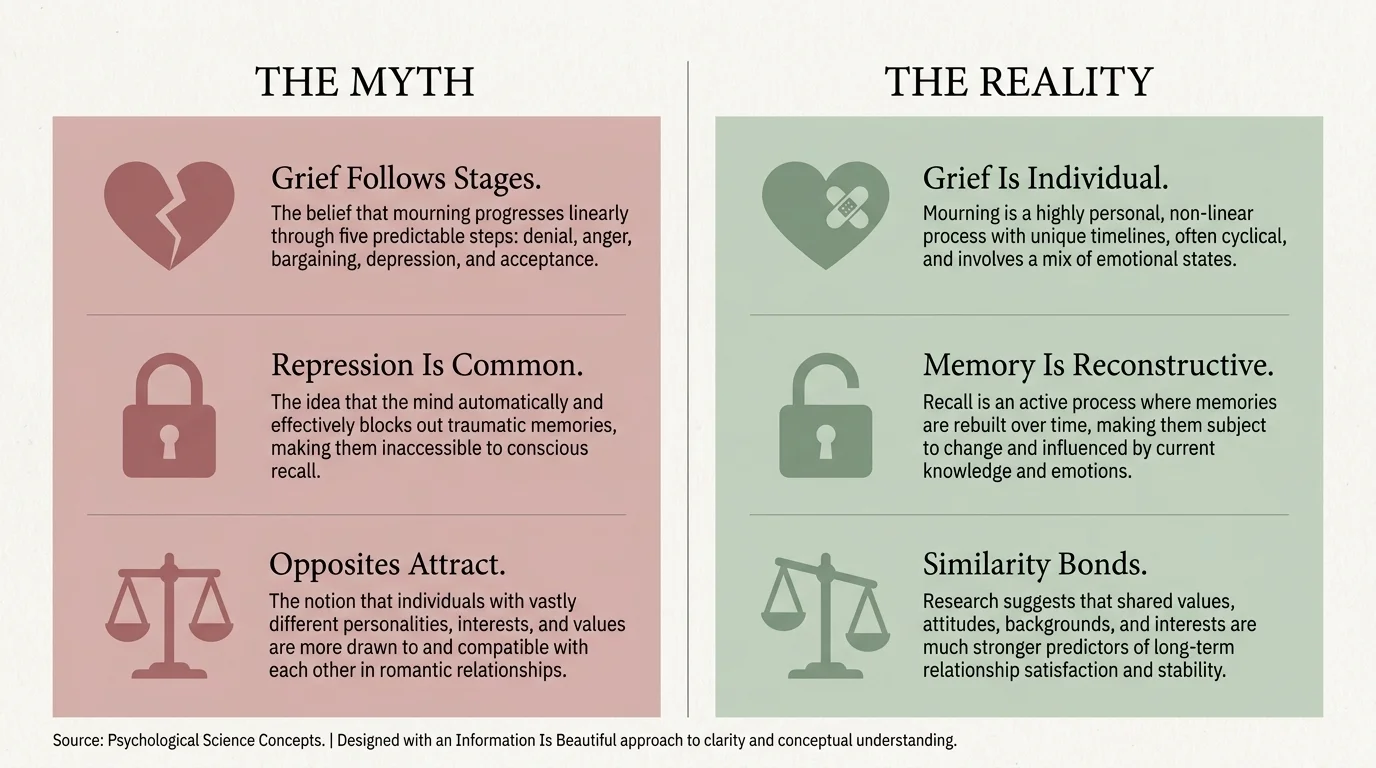 An editorial infographic comparing relationship myths and realities using a clean, two-column layout.