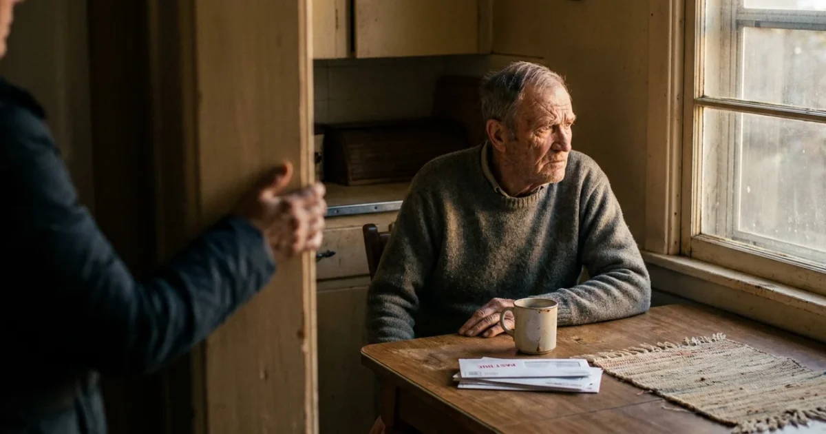 An elderly man sits alone at a kitchen table in soft afternoon light while his adult daughter watches from the doorway with concern.