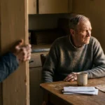 An elderly man sits alone at a kitchen table in soft afternoon light while his adult daughter watches from the doorway with concern.