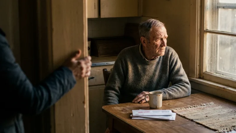 An elderly man sits alone at a kitchen table in soft afternoon light while his adult daughter watches from the doorway with concern.