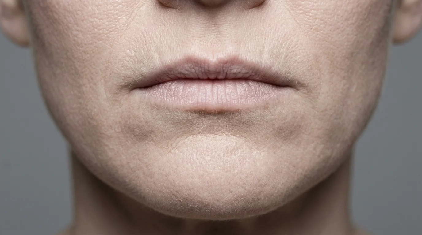 An extreme macro close-up of lips tightly pursed together into a thin line.