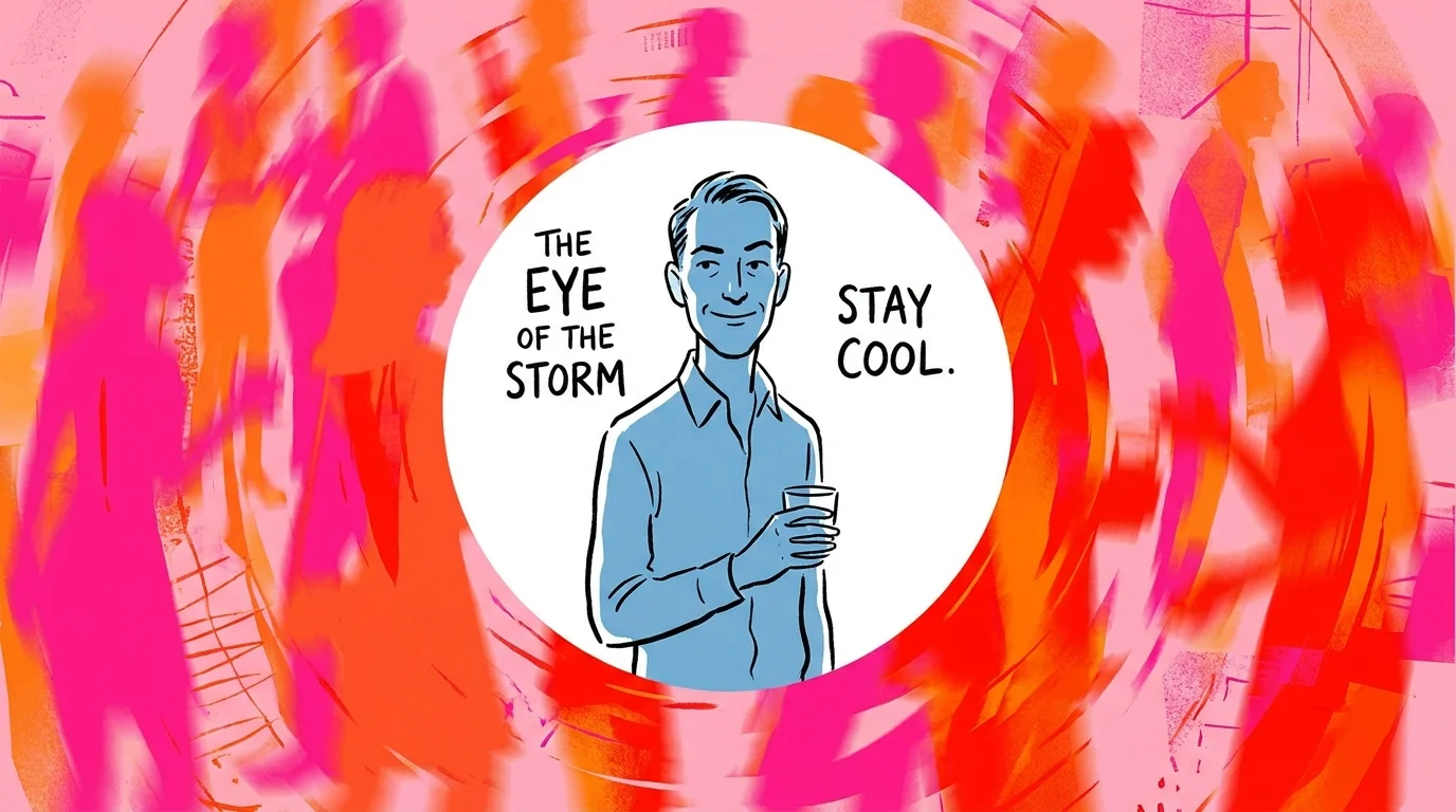 An illustration of a calm blue person in a crowd of vibrating pink and orange figures, protected by a clear buffer zone.
